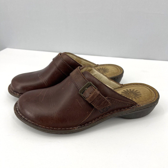 Clogs Shoes - UGG Australia Livia Brown Leather Clogs Mules Shoes Women's Size 6 Sherpa Lined